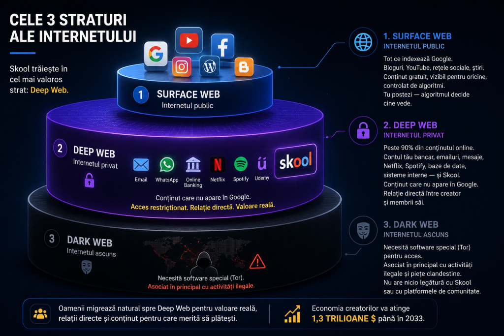 Cele 3 straturi ale internetului: surface web, deep web și dark web