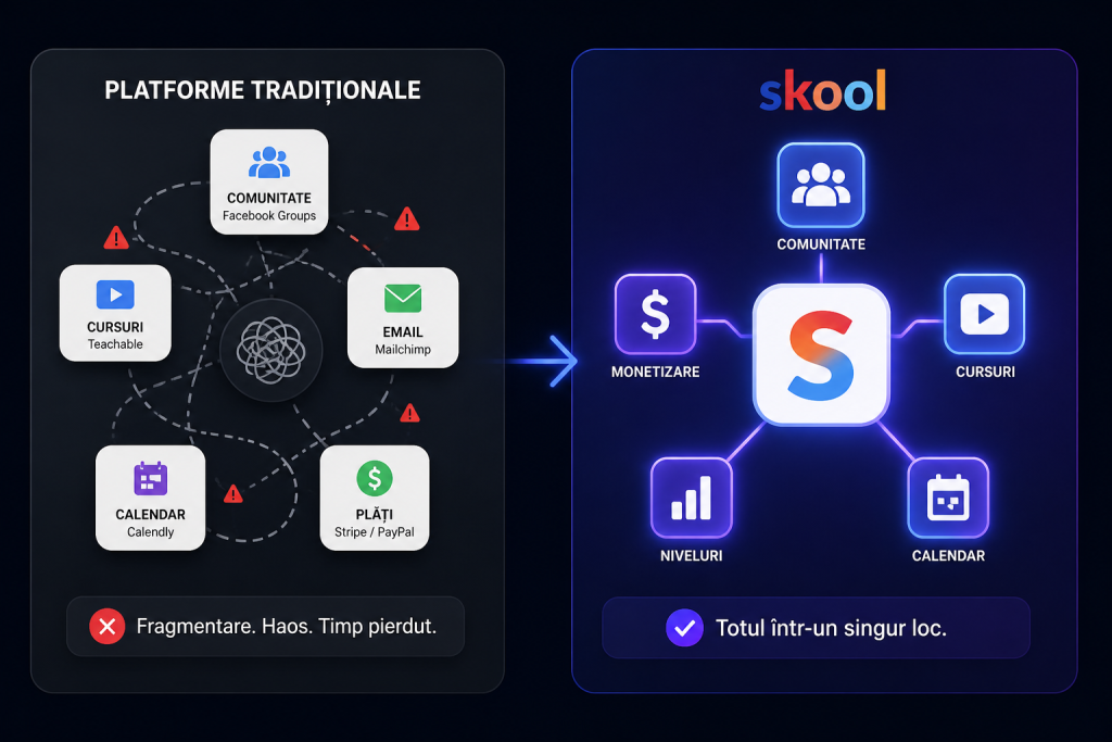 Comparație Skool vs platforme tradiționale pentru cursuri și comunități