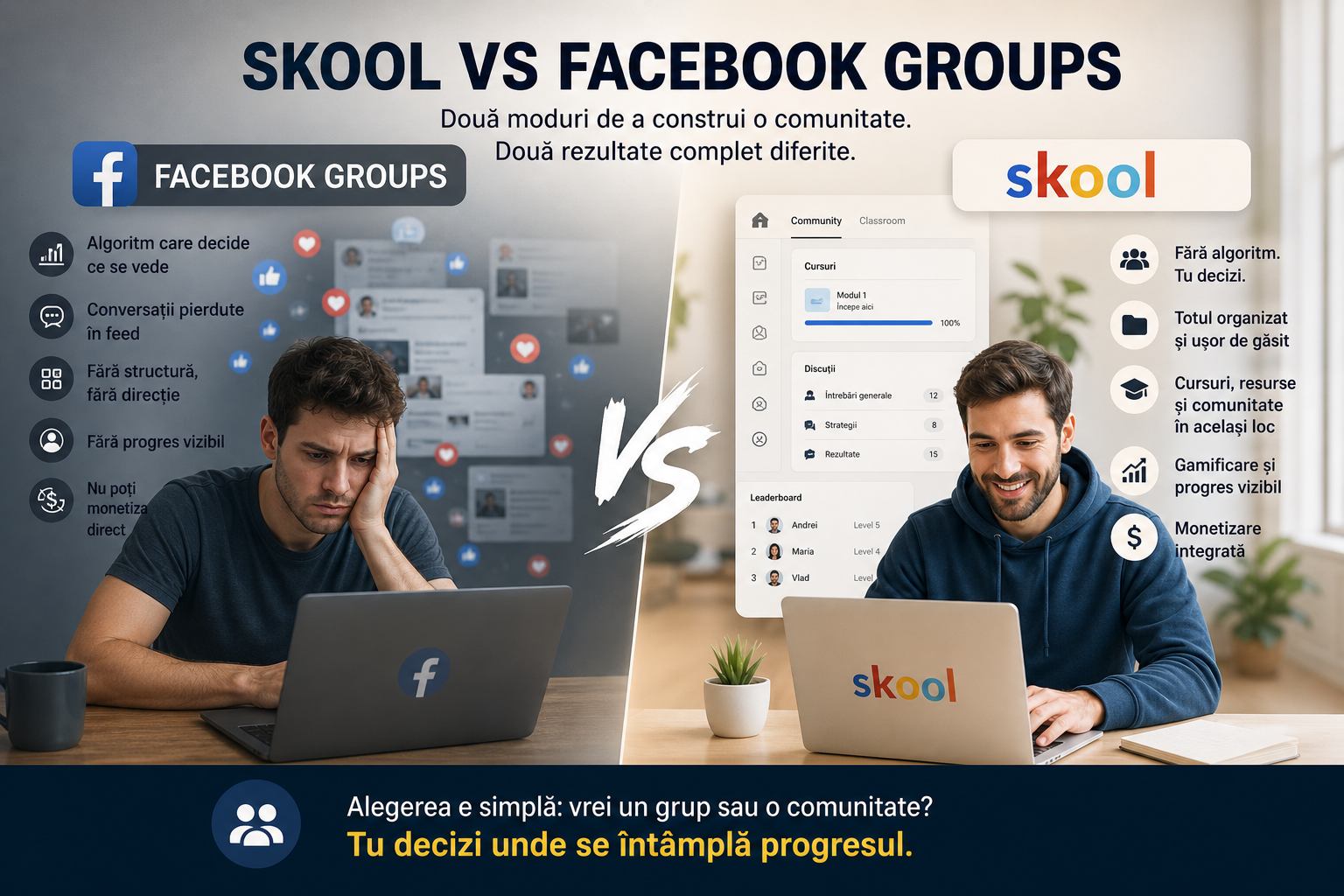 Skool vs Facebook Groups: 5 diferențe care îți pot salva comunitatea în 2026